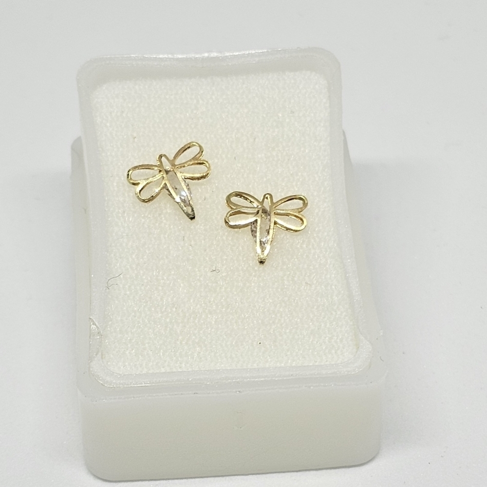 10K Yellow Gold Dragonfly Stud Earrings with CZ Zirconia – Screw Back
